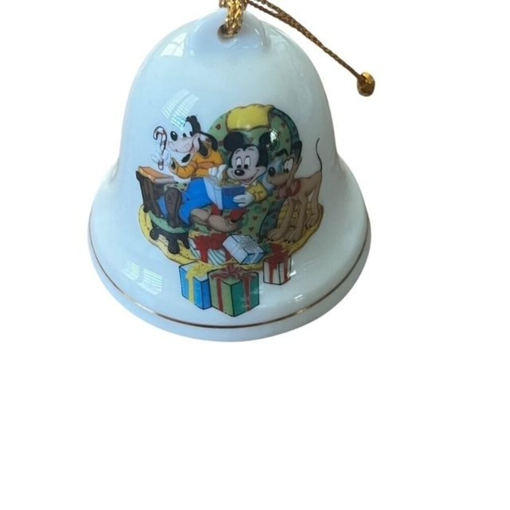 Grolier Disney Mickey, Goofy, & Pluto Holiday Christmas Porcelain Bell Ornament